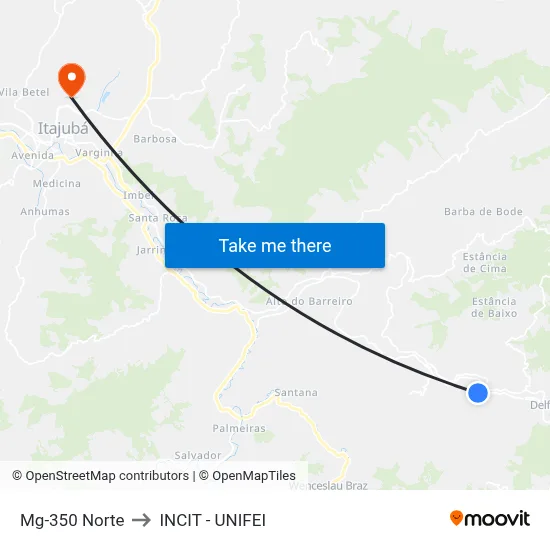 Mg-350 Norte to INCIT - UNIFEI map