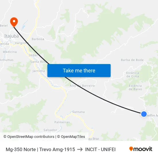 Mg-350 Norte | Trevo Amg-1915 to INCIT - UNIFEI map