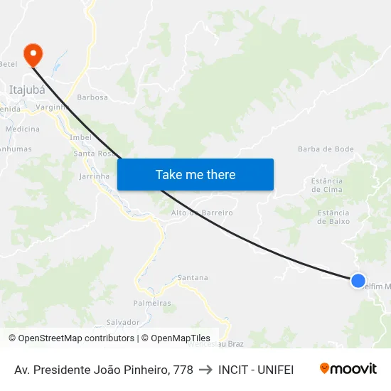 Av. Presidente João Pinheiro, 778 to INCIT - UNIFEI map