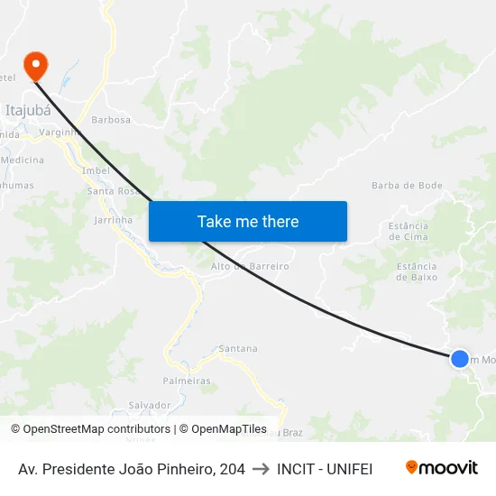 Av. Presidente João Pinheiro, 204 to INCIT - UNIFEI map