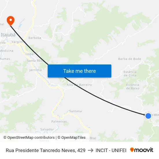 Rua Presidente Tancredo Neves, 429 to INCIT - UNIFEI map