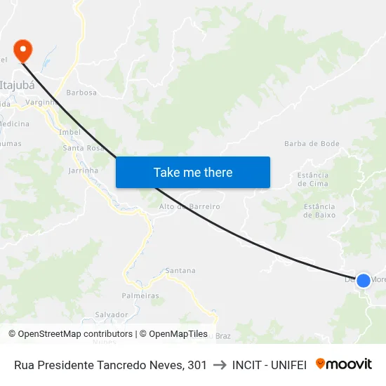 Rua Presidente Tancredo Neves, 301 to INCIT - UNIFEI map