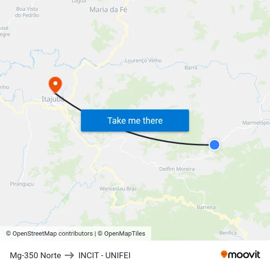 Mg-350 Norte to INCIT - UNIFEI map