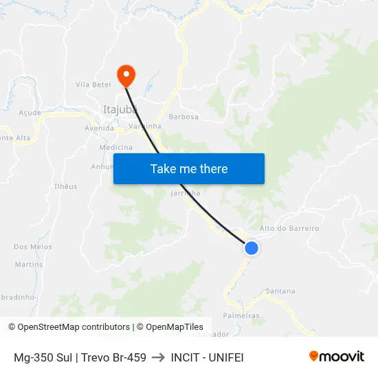 Mg-350 Sul | Trevo Br-459 to INCIT - UNIFEI map