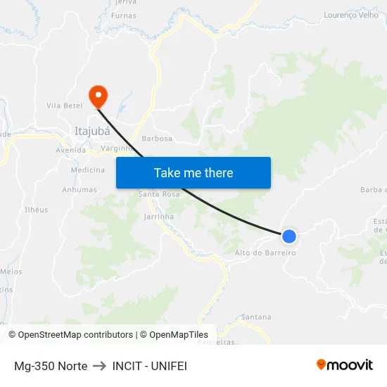 Mg-350 Norte to INCIT - UNIFEI map