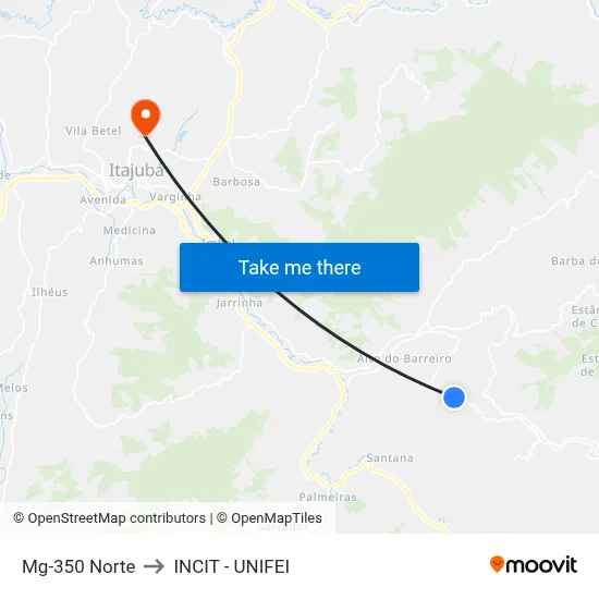 Mg-350 Norte to INCIT - UNIFEI map