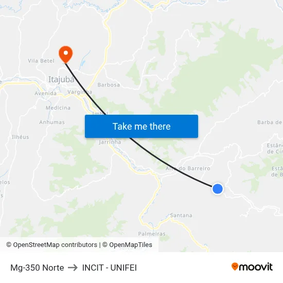 Mg-350 Norte to INCIT - UNIFEI map