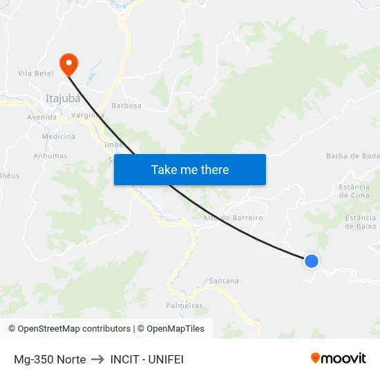 Mg-350 Norte to INCIT - UNIFEI map