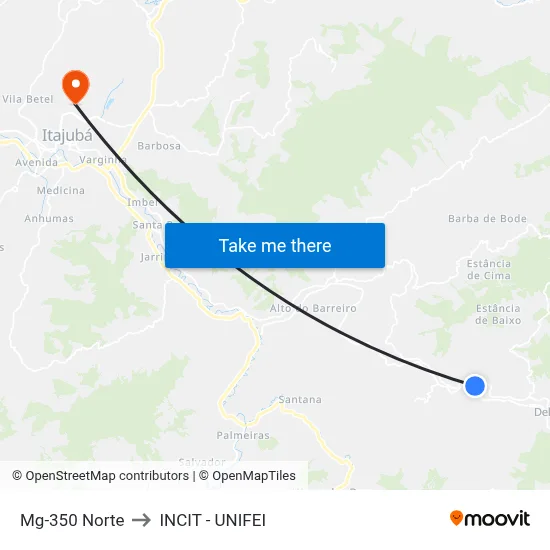 Mg-350 Norte to INCIT - UNIFEI map