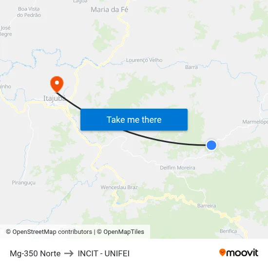 Mg-350 Norte to INCIT - UNIFEI map