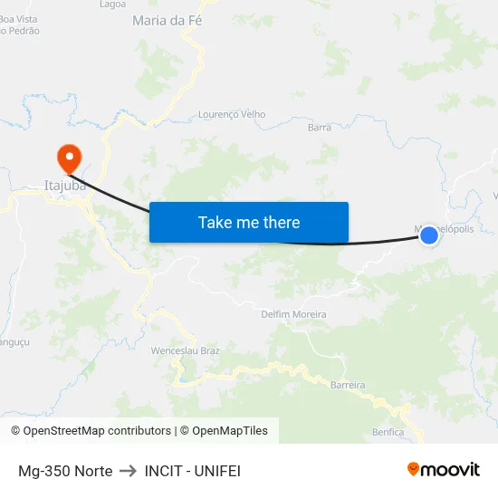 Mg-350 Norte to INCIT - UNIFEI map