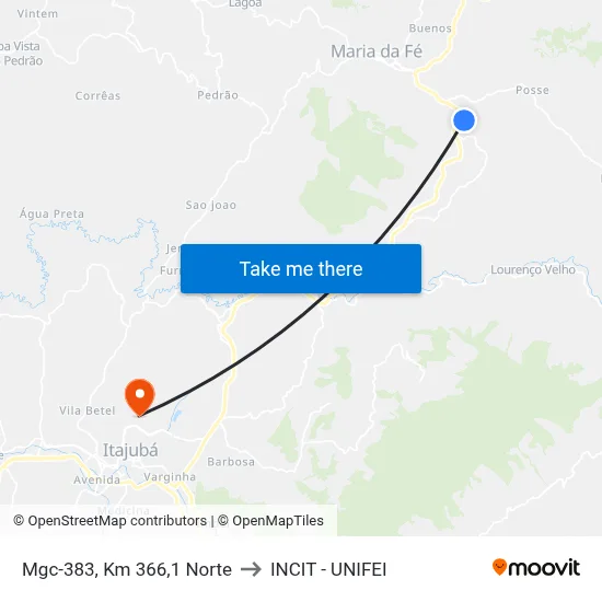 Mgc-383, Km 366,1 Norte to INCIT - UNIFEI map