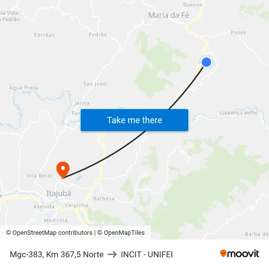 Mgc-383, Km 367,5 Norte to INCIT - UNIFEI map
