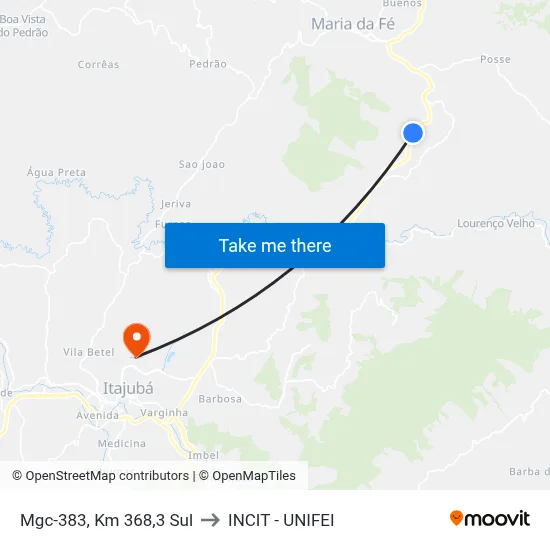 Mgc-383, Km 368,3 Sul to INCIT - UNIFEI map