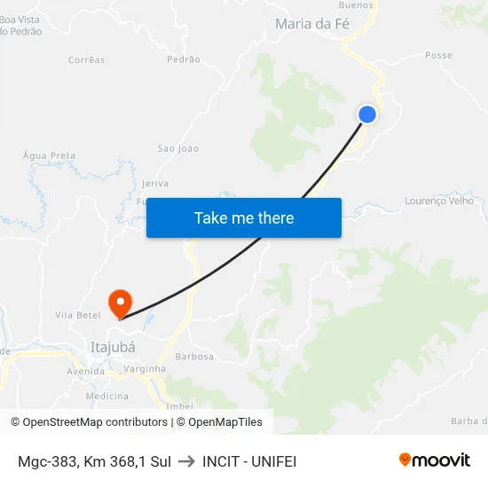 Mgc-383, Km 368,1 Sul to INCIT - UNIFEI map
