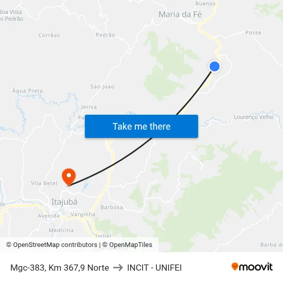 Mgc-383, Km 367,9 Norte to INCIT - UNIFEI map