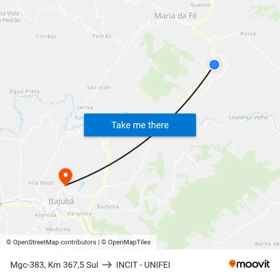 Mgc-383, Km 367,5 Sul to INCIT - UNIFEI map