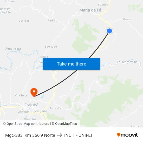 Mgc-383, Km 366,9 Norte to INCIT - UNIFEI map