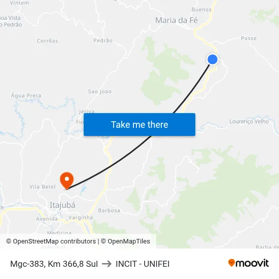 Mgc-383, Km 366,8 Sul to INCIT - UNIFEI map