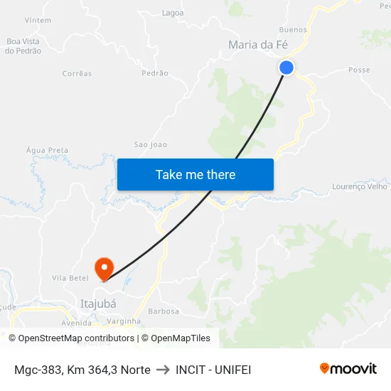 Mgc-383, Km 364,3 Norte to INCIT - UNIFEI map