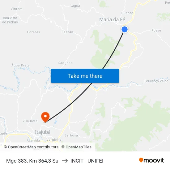 Mgc-383, Km 364,3 Sul to INCIT - UNIFEI map