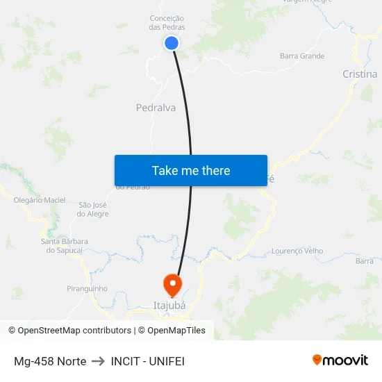 Mg-458 Norte to INCIT - UNIFEI map