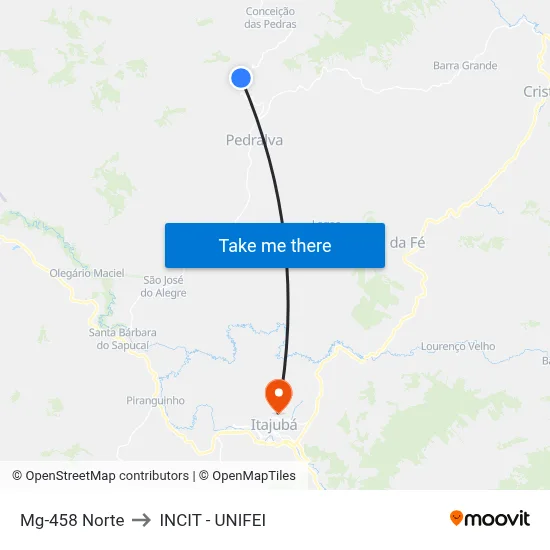 Mg-458 Norte to INCIT - UNIFEI map