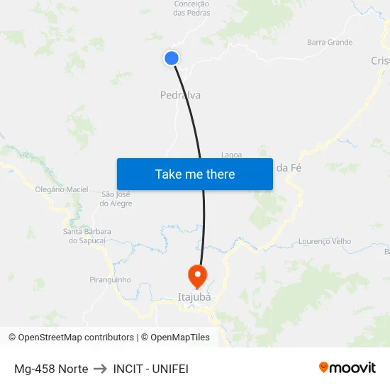 Mg-458 Norte to INCIT - UNIFEI map