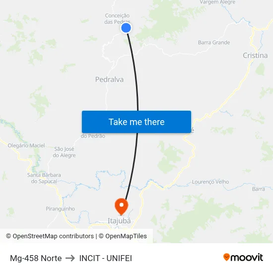 Mg-458 Norte to INCIT - UNIFEI map