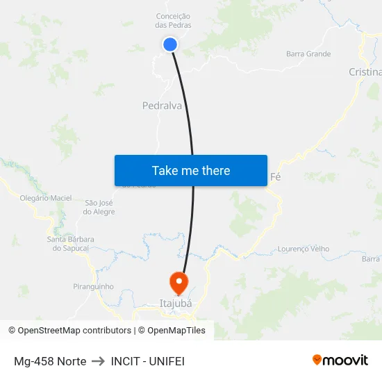 Mg-458 Norte to INCIT - UNIFEI map