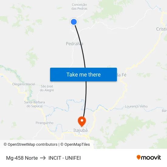 Mg-458 Norte to INCIT - UNIFEI map