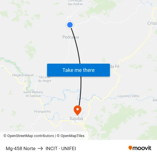 Mg-458 Norte to INCIT - UNIFEI map