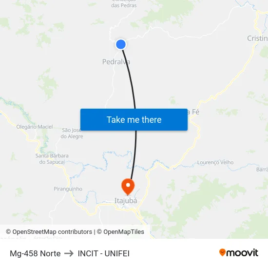 Mg-458 Norte to INCIT - UNIFEI map