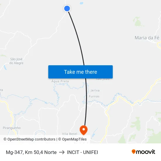 Mg-347, Km 50,4 Norte to INCIT - UNIFEI map