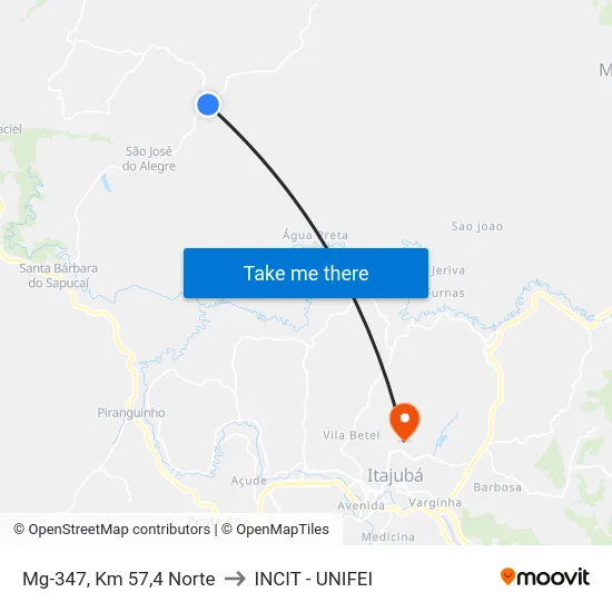 Mg-347, Km 57,4 Norte to INCIT - UNIFEI map