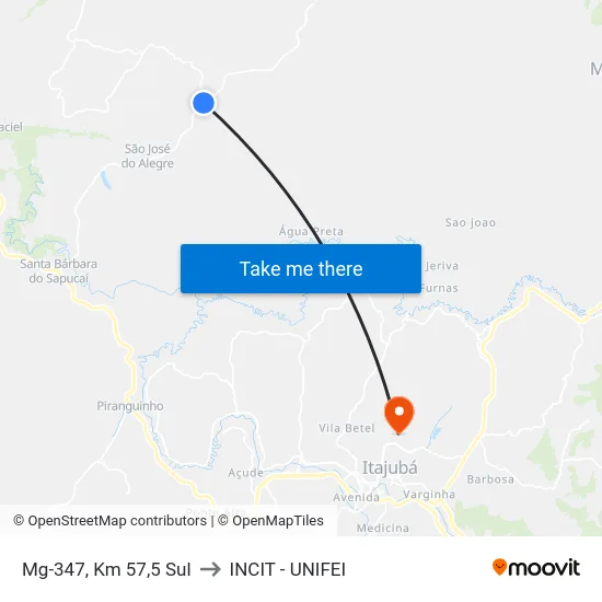 Mg-347, Km 57,5 Sul to INCIT - UNIFEI map