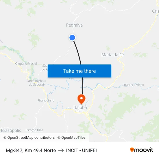 Mg-347, Km 49,4 Norte to INCIT - UNIFEI map