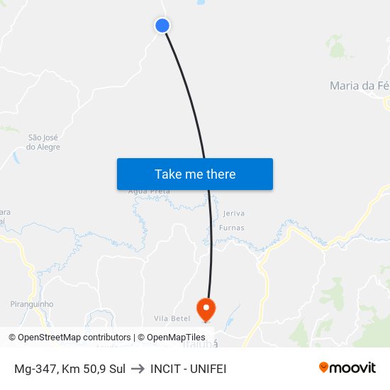 Mg-347, Km 50,9 Sul to INCIT - UNIFEI map