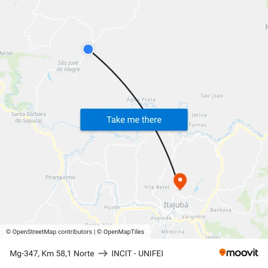 Mg-347, Km 58,1 Norte to INCIT - UNIFEI map