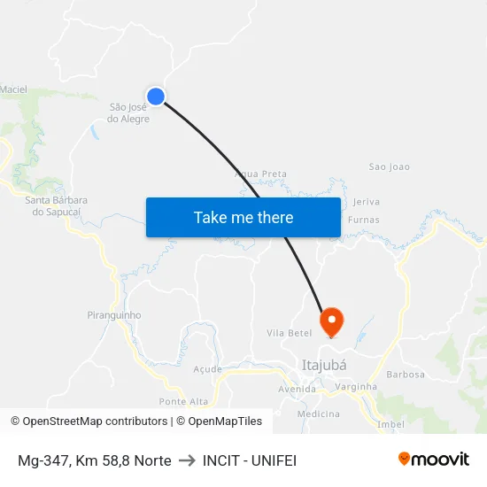 Mg-347, Km 58,8 Norte to INCIT - UNIFEI map