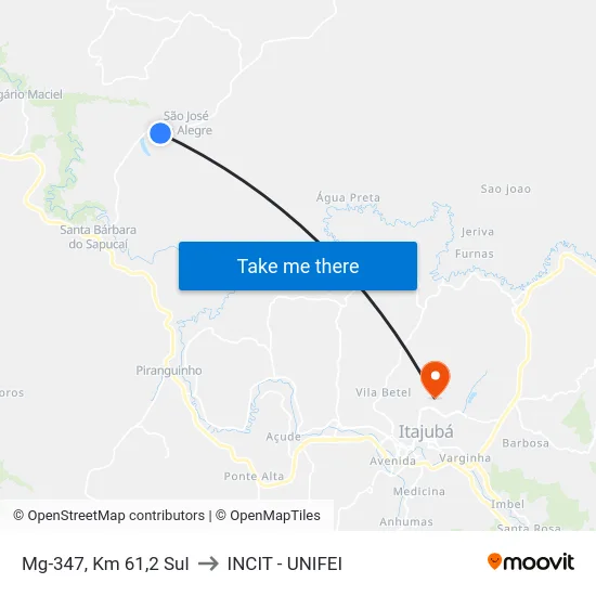 Mg-347, Km 61,2 Sul to INCIT - UNIFEI map