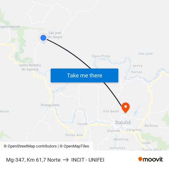 Mg-347, Km 61,7 Norte to INCIT - UNIFEI map