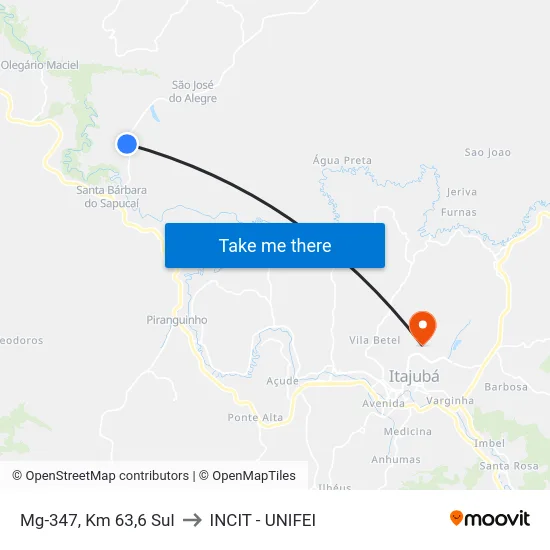 Mg-347, Km 63,6 Sul to INCIT - UNIFEI map