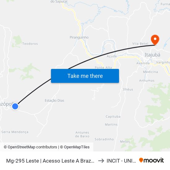 Mg-295 Leste | Acesso Leste A Brazópolis to INCIT - UNIFEI map