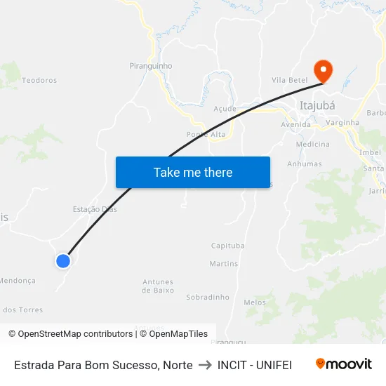 Estrada Para Bom Sucesso, Norte to INCIT - UNIFEI map