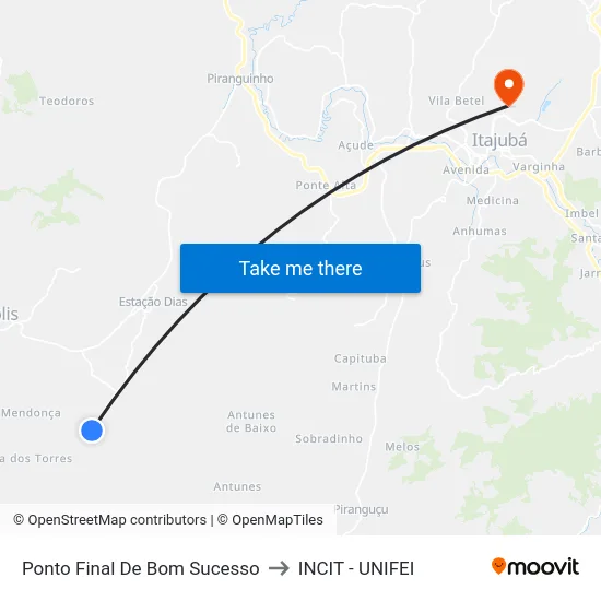 Ponto Final De Bom Sucesso to INCIT - UNIFEI map