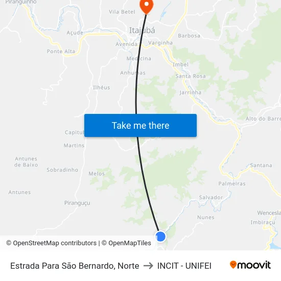 Estrada Para São Bernardo, Norte to INCIT - UNIFEI map