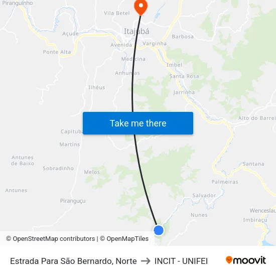 Estrada Para São Bernardo, Norte to INCIT - UNIFEI map