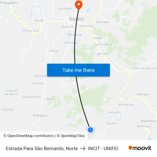 Estrada Para São Bernardo, Norte to INCIT - UNIFEI map