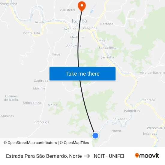 Estrada Para São Bernardo, Norte to INCIT - UNIFEI map